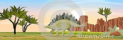 Stegosaurus in the valley with stony rocks. Prehistoric animals and plants. Vector landscape Vector Illustration